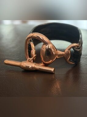 Black Leather Bracelet with Rose Gold Toggle Accent
